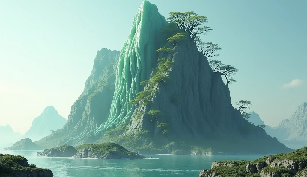 There is a high mountain,Half of the face is smooth jade,The other half is covered with strange trees.(best quality,4K,8k,High level,masterpiece:1.2),Ultra Detailed,(lifelike,Photo real,Photo real:1.37