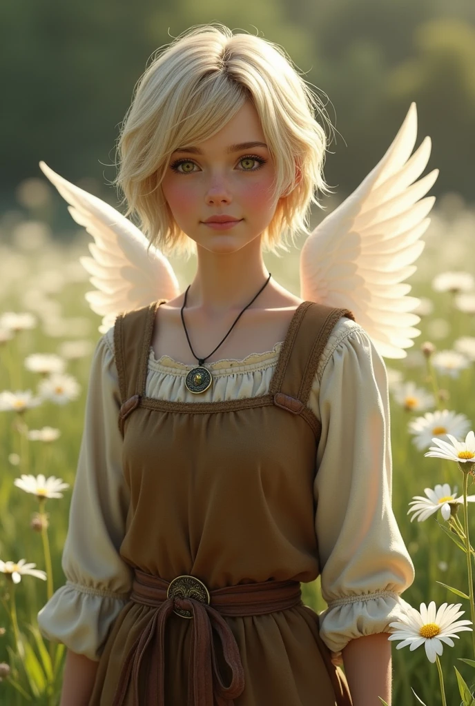 1 female girl, beatuiful face, fantasy, young adult years, she is wearing brown cheap medieval clothes, she has blond short bobcut hair, she has gold gemstone eyes, she is smiling, white flowers field in background, fantasy, (she has olny one angelic big wing white), very flat chest, realistic, photorealistc