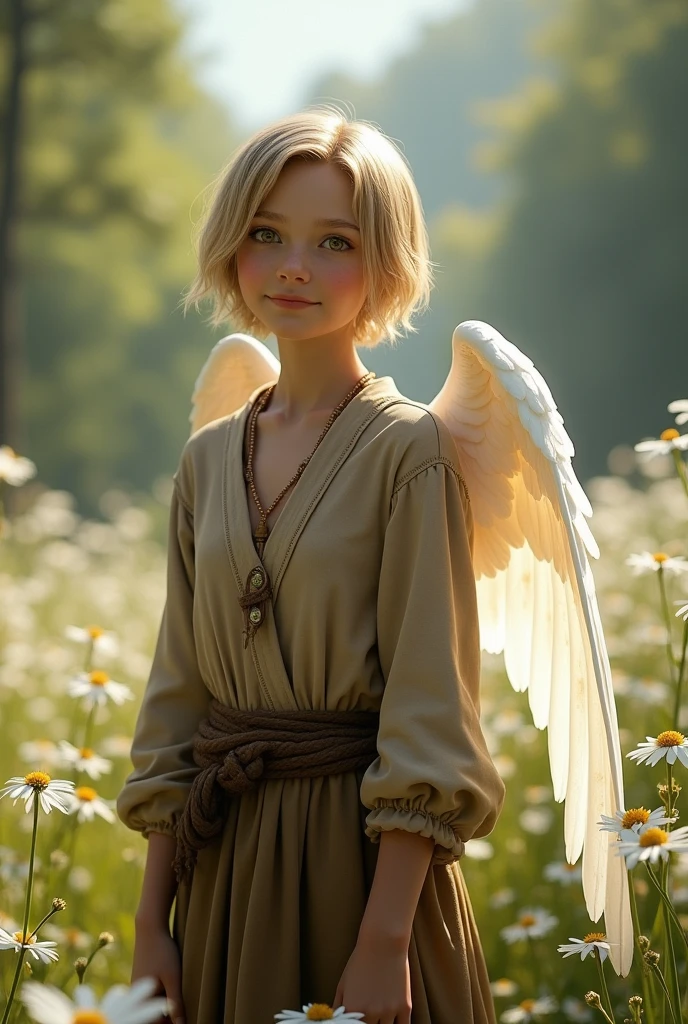 1 female girl, beatuiful face, fantasy, young adult years, she is wearing brown cheap medieval clothes, she has blond short bobcut hair, she has gold gemstone eyes, she is smiling, white flowers field in background, fantasy, (she has olny one angelic big wing white), very flat chest, realistic, photorealistc