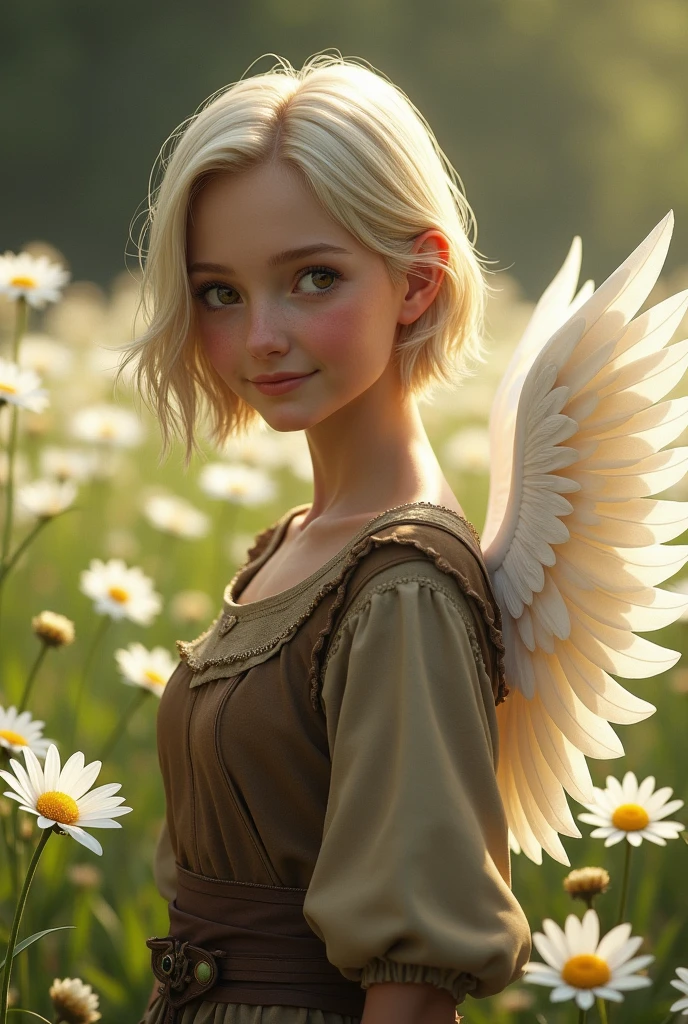 1 female girl, beatuiful face, fantasy, young adult years, she is wearing brown cheap medieval clothes, she has blond short bobcut hair, she has gold gemstone eyes, she is smiling, white flowers field in background, fantasy, (she has olny one angelic big wing white), very flat chest, realistic, photorealistc