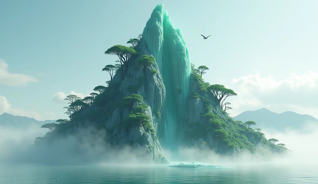 There is a high mountain,Half of the face is smooth jade,The other half is covered with strange trees.(best quality,4K,8k,High level,masterpiece:1.2),Ultra Detailed,(lifelike,Photo real,Photo real:1.37