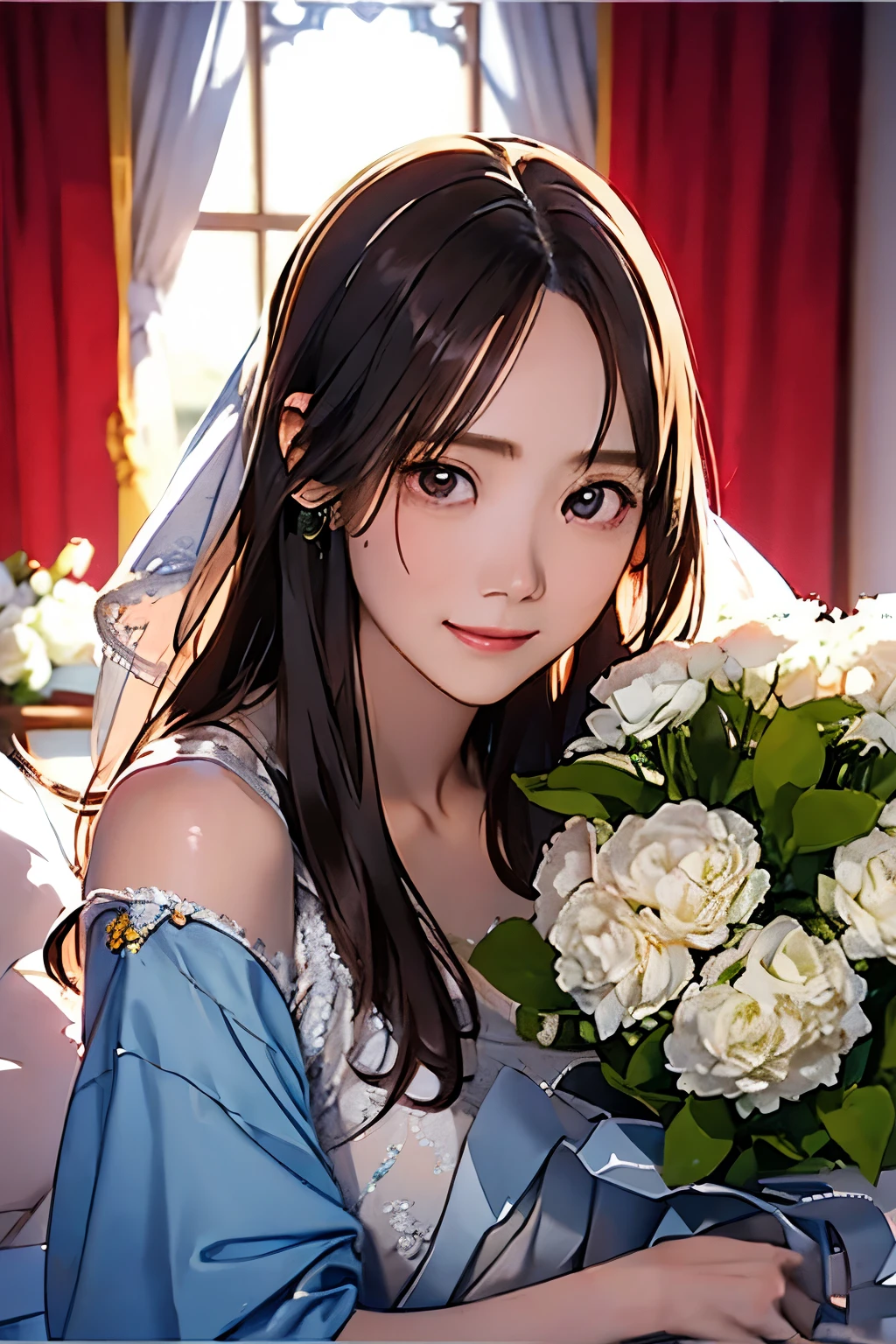 High resolution, 8k, Highest quality, detailed, Semi-realistic anime, Anime 3D Style, Smooth anime CG, One Girl, 20 year old Japanese woman, slim, Modeled, Shiny Hair, detailedな顔, Beautiful and detailed, Glowing Skin, Hard Focus、Film Grain, Soft lighting, Looking at the audience, Laughter,white、Ocean、Droopy eyes、Brown eyeballs on face、smile、Woman in prom dress、Long Hair Woman、detailedな顔、Clear Face、Mole、bouquet、(bride)