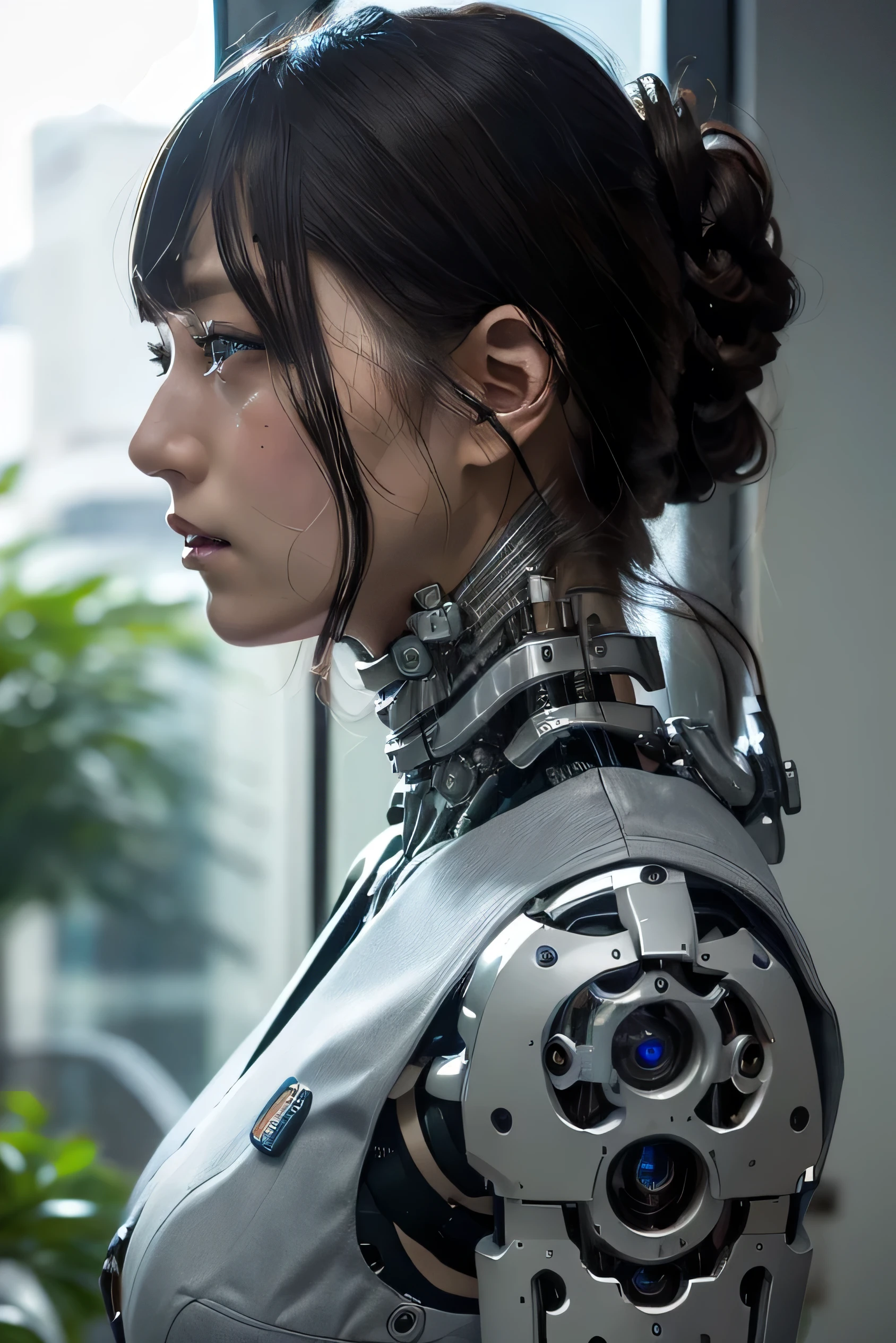 masterpiece, best quality, extremely detailed,  Japaese android girl,Plump , control panels,android,Droid,Mechanical Hand, Robot arms and legs, Black Robot Parts,Black hair,Mechanical body,Blunt bangs,White robotics parts,perfect robot girl,future information counter,reception,long tube,thick cable connected her neck,ceramic body ,mechanical body,mechanical costume,android,robot,humanoid,cyborg,information office,japanese android receptionist ,mechanical chest,blue eyes,office-lady