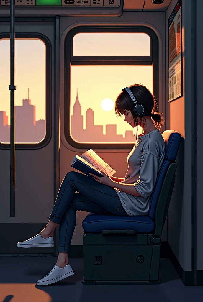Makoto Shinkai style I'm sitting on a bench seat on the train reading a textbook with headphones on. A simple college girl on a train running through the city in the evening