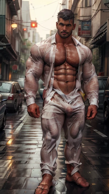 30 years old Indian beared man in white formal shirt with grey trouser, dark color body , standing on road, rain drops dripping on body, tall and wetty big bulge, masterpiece, seductive, erotic, exotic moments