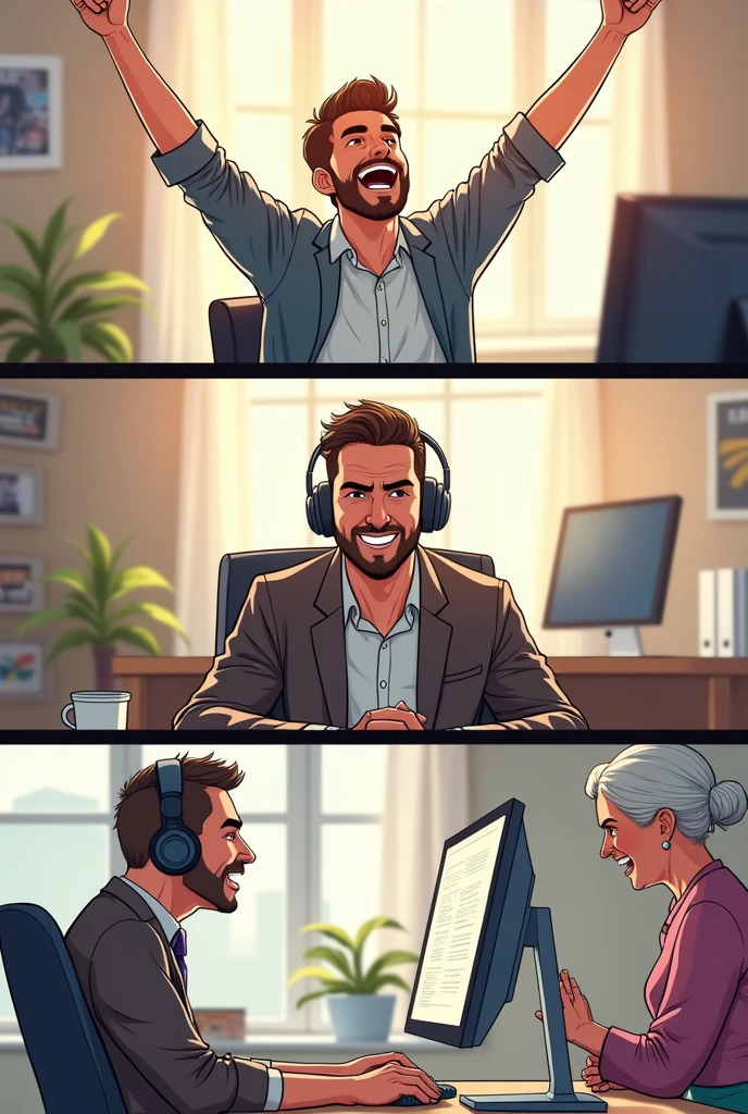 create a comics strip panel 1: a man is celebrating in front of his computer and he was very happy panel 2: the man is in formal attire and wearing headphone is working in front of computer. panel 3: the man is talking to his mother angry