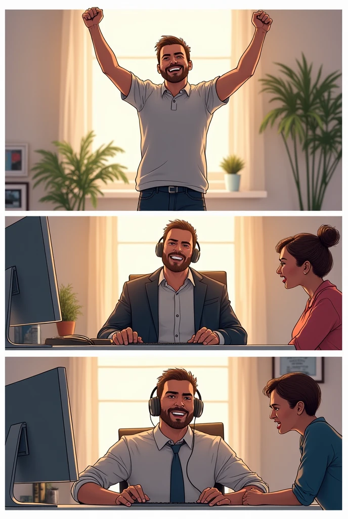 create a comics strip panel 1: a man is celebrating in front of his computer and he was very happy panel 2: the man is in formal attire and wearing headphone is working in front of computer. panel 3: the man is talking to his mother angry