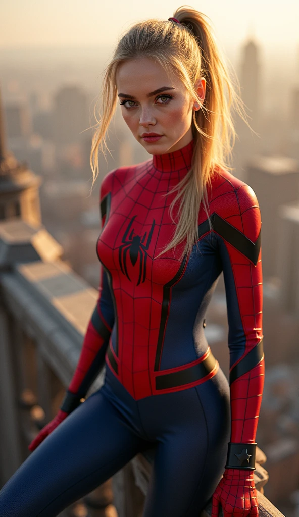 1 girl, full body, Emma Stone as Spider-Man (From Marvel Studios), Medium bust, dynamic gesture, Look at the viewer., (Masterpiece, best quality, Fine texture, Fine fabric, Beautifully detailed face, complicated details, very detailed), ponytail, blonde hair, dynamic gesture, On top of the building in the background, (best quality, High resolution, realistic, original, 8ก,Masterpiece, ),best quality, Masterpiec8ก.HDR. High ribs:1.2, Film texture, Bokeh Bleu:1.2, lens flare, (bright colors:1.2), (delicate),