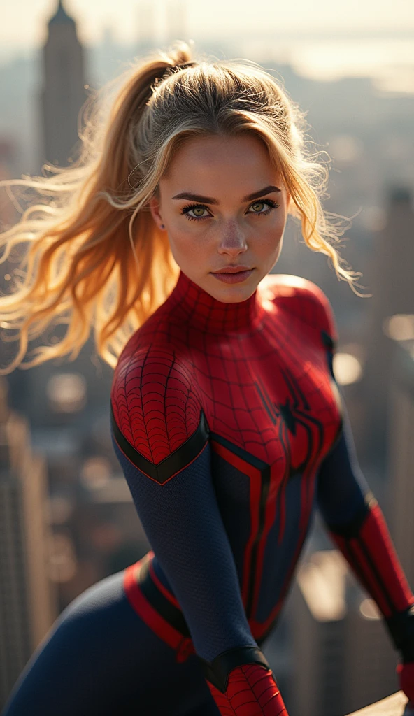 1 girl, full body, Emma Stone as Spider-Man (From Marvel Studios),  Medium bust,  dynamic gesture, Look at the viewer., (Masterpiece, best quality, Fine texture, Fine fabric, Beautifully detailed face, complicated details, very detailed),  ponytail, blonde hair, dynamic gesture, On top of the building in the background, (best quality, High resolution, realistic, original, 8ก,Masterpiece, ),best quality, Masterpiec8ก.HDR. High ribs:1.2, Film texture, Bokeh Bleu:1.2, lens flare, (bright colors:1.2), (delicate),