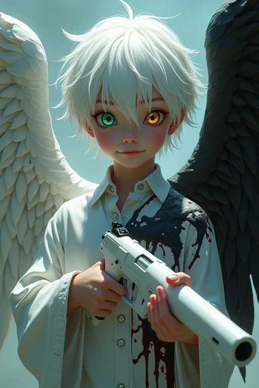 A smiling white-haired boy with heterochromatic eyes, a green right eye and a white left eye, holding a white shotgun in his right hand、In his left hand he holds a bloody black dagger, and on his back he has a pure white angel's wing.、On the other hand, he spreads his jet-black devil wings