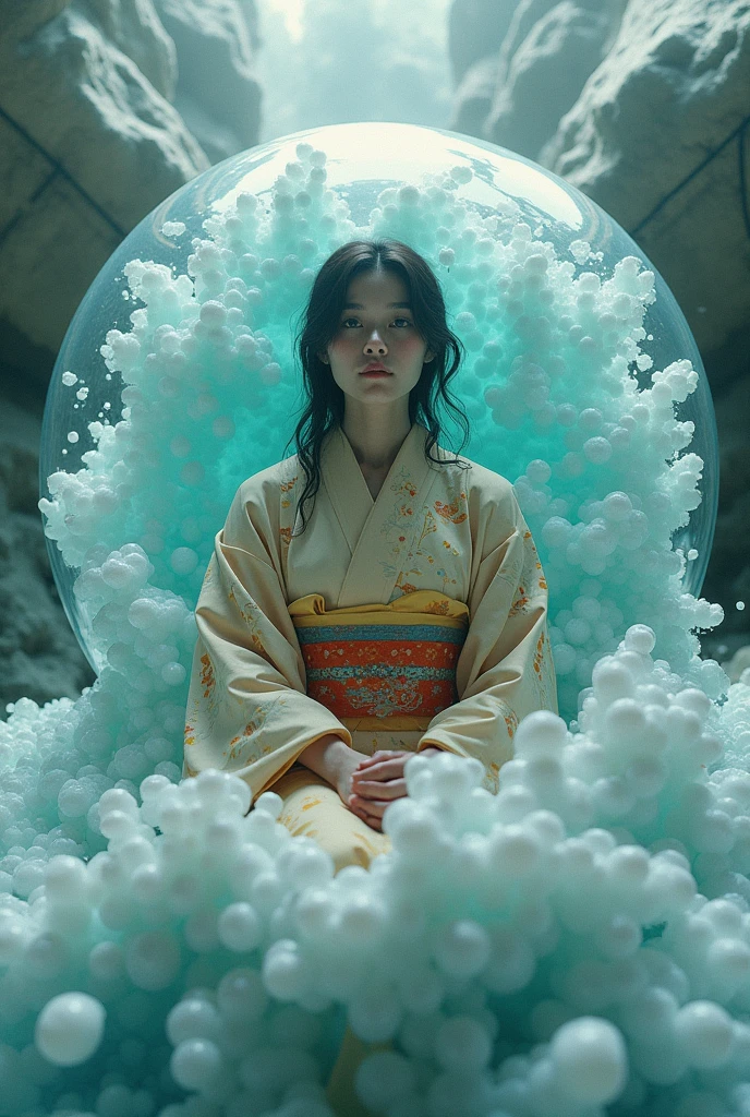 ((Highest quality)), ((masterpiece)), (detailed),A woman in a yukata sits upright in a floating sphere。The woman glares at me with dignity.、There is a woman in the floating sphere。. The yukata is Showa retro style. The sphere is made of water.The sphere and the person are assimilated、The woman is covered in spheres、The surface of the sphere is a wall of flowing water、The sphere is boiling、The sphere is engulfing the woman、The sphere obscures the woman、The woman is swaying in the sphere、delicate, Ultra-high performance, Abstract, Fantasy, Fisheye Effect、The waves are fierce and rise to the sky