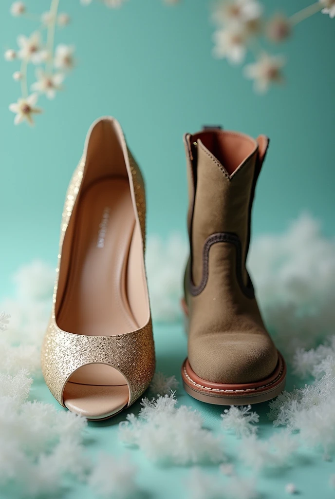 photo of an open high heel with glitter and a small women's agricultural boot on the side, both shoes in my size