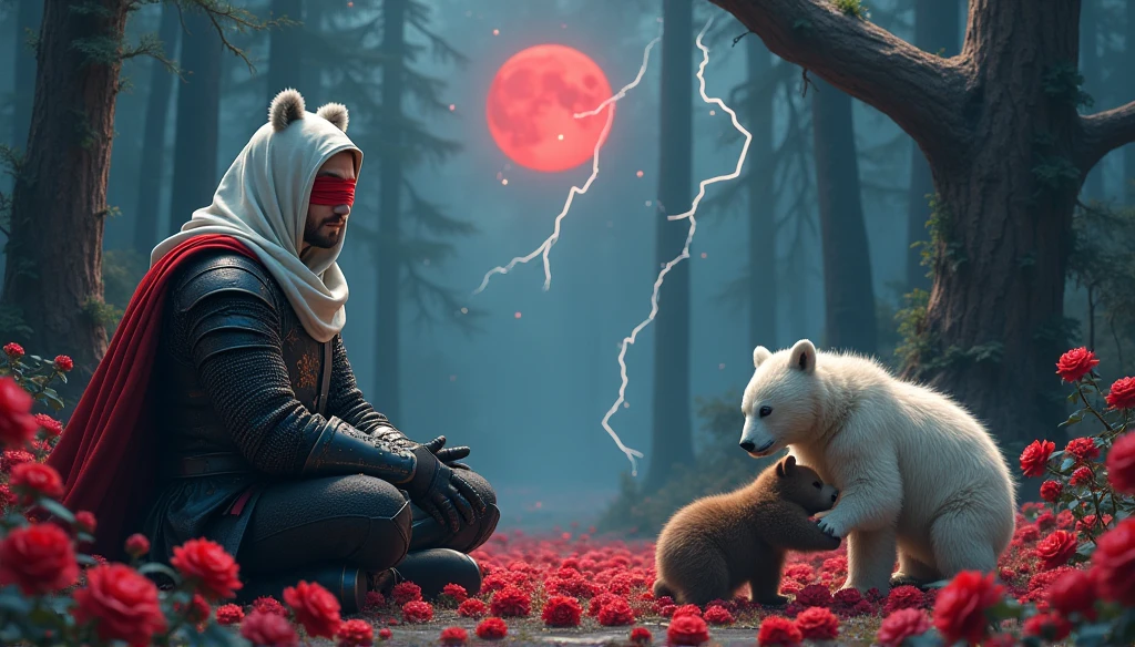 Male knight with a white hood with bear ears and a sword behind his back sits on the ground towards a baby polar bear and a baby brown bear in a forest while the moon shines, many Roses cover the ground and lightning falls from the sky. The baby polar bear plays with the baby brown bear while the knight enjoys watching them. Only the man wears a red blindfold. In the background of the picture is the blood moon and a tree has fallen down in the path. The forest is full of trees with leaves. The armor of the man is black and red roses decorate it. The sky is full of stars.