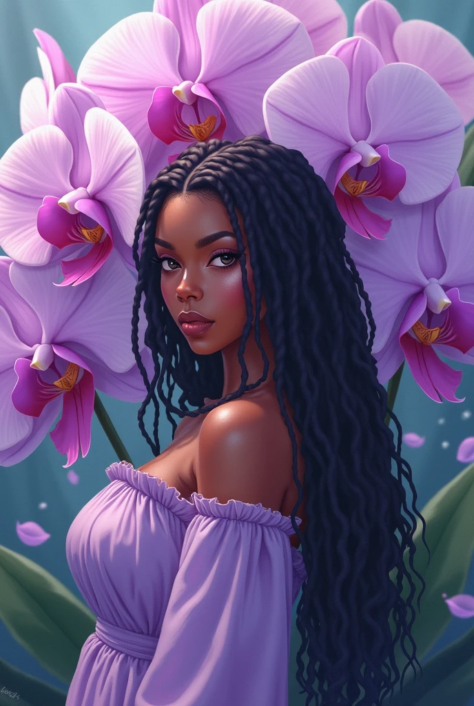 generate an anime-like image of a black woman with big braids, Clothes in lilac tones, green and blue in front of a giant lilac orchid