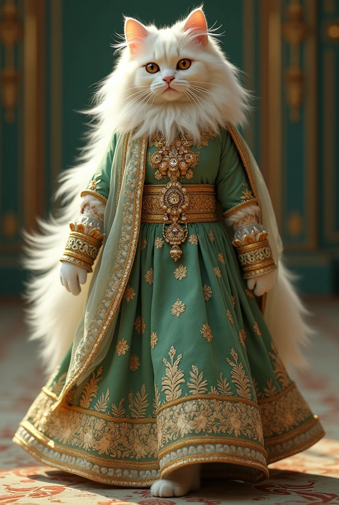 A white Persian Himalayan cat wearing a traditional Pakistani bridal lehenga in rich Green and gold, with intricate embroidery, a dupatta, and statement jewelry. The cat walks gracefully on two legs, exuding timeless beauty and cultural richness.