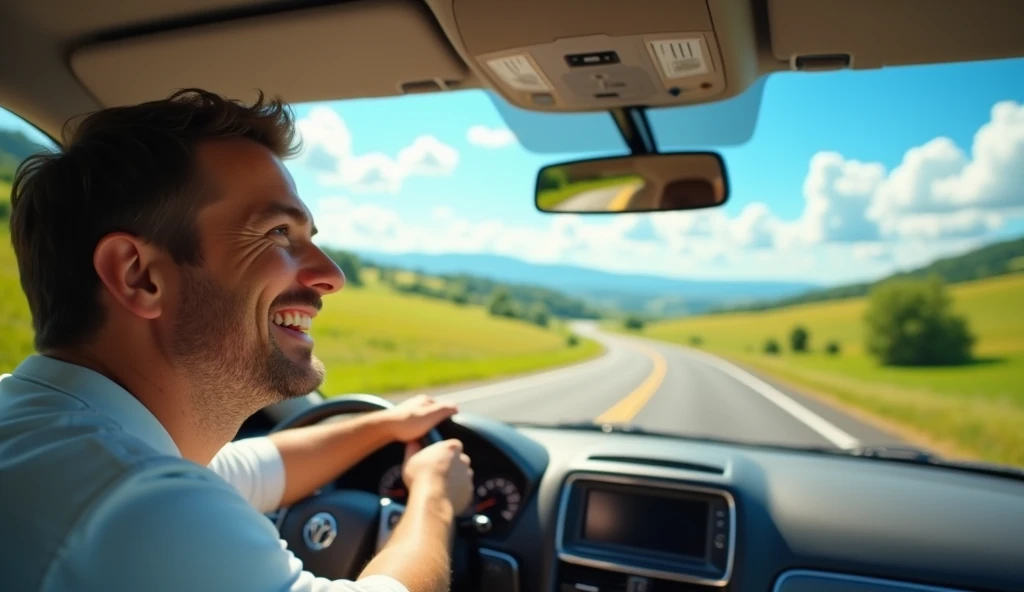 relaxed happy man driving on open road, sunny day, beautiful landscape, blue sky, fluffy clouds, green hills, trees, winding road, scenic route, rural countryside, peaceful, comfortable car interior, bright smiling face, upbeat mood, (best quality,4k,8k,highres,masterpiece:1.2),ultra-detailed,(realistic,photorealistic,photo-realistic:1.37),natural lighting,vibrant colors,landscape painting