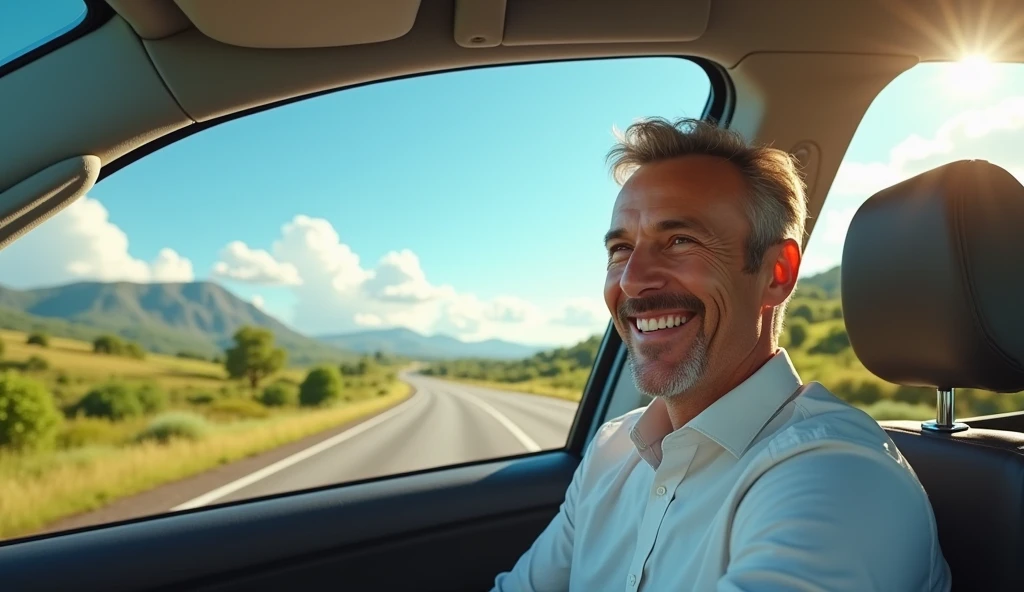 relaxed happy man driving on open road, sunny day, beautiful landscape, blue sky, fluffy clouds, green hills, trees, winding road, scenic route, rural countryside, peaceful, comfortable car interior, bright smiling face, upbeat mood, (best quality,4k,8k,highres,masterpiece:1.2),ultra-detailed,(realistic,photorealistic,photo-realistic:1.37),natural lighting,vibrant colors,landscape painting