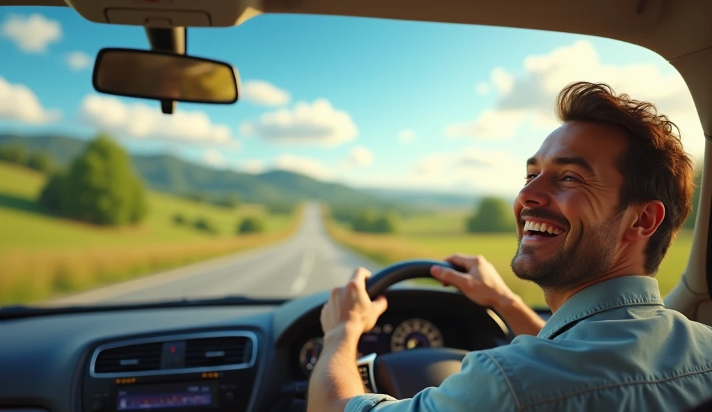 relaxed happy man driving on open road, sunny day, beautiful landscape, blue sky, fluffy clouds, green hills, trees, winding road, scenic route, rural countryside, peaceful, comfortable car interior, bright smiling face, upbeat mood, (best quality,4k,8k,highres,masterpiece:1.2),ultra-detailed,(realistic,photorealistic,photo-realistic:1.37),natural lighting,vibrant colors,landscape painting