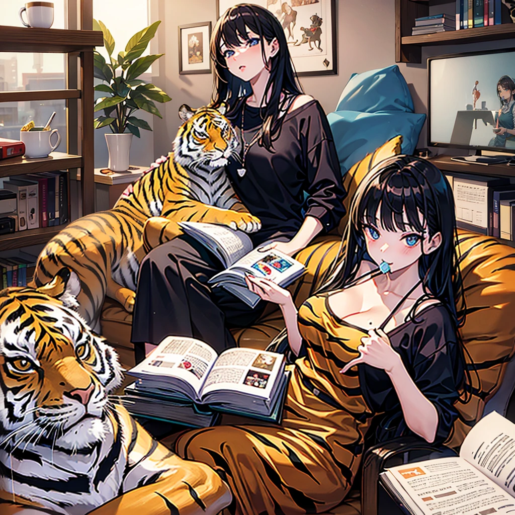 hold condom package in mouth, woman having big tits, tiger with a clear and detailed face having realistic eyes and mouth, aniaml, doll, cute, small, one room, warm, studying, books, coffee