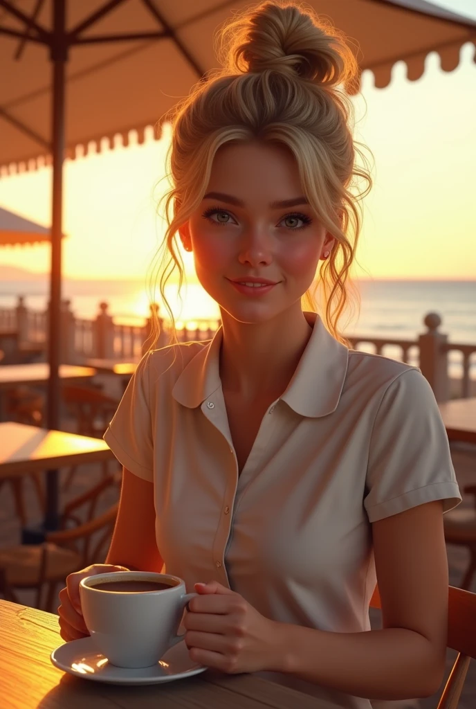 masterpiece, best quality, highly detailed, hyperrealistic, photorealistic:1.1, beautiful 20s French model, terrace, beach, cafe, at sunset,polo
polite shirt : 1.2, sitting, very detailed face, high ponytail, blonde hair, pale skin, sweet smile, cup of hot chocolate.