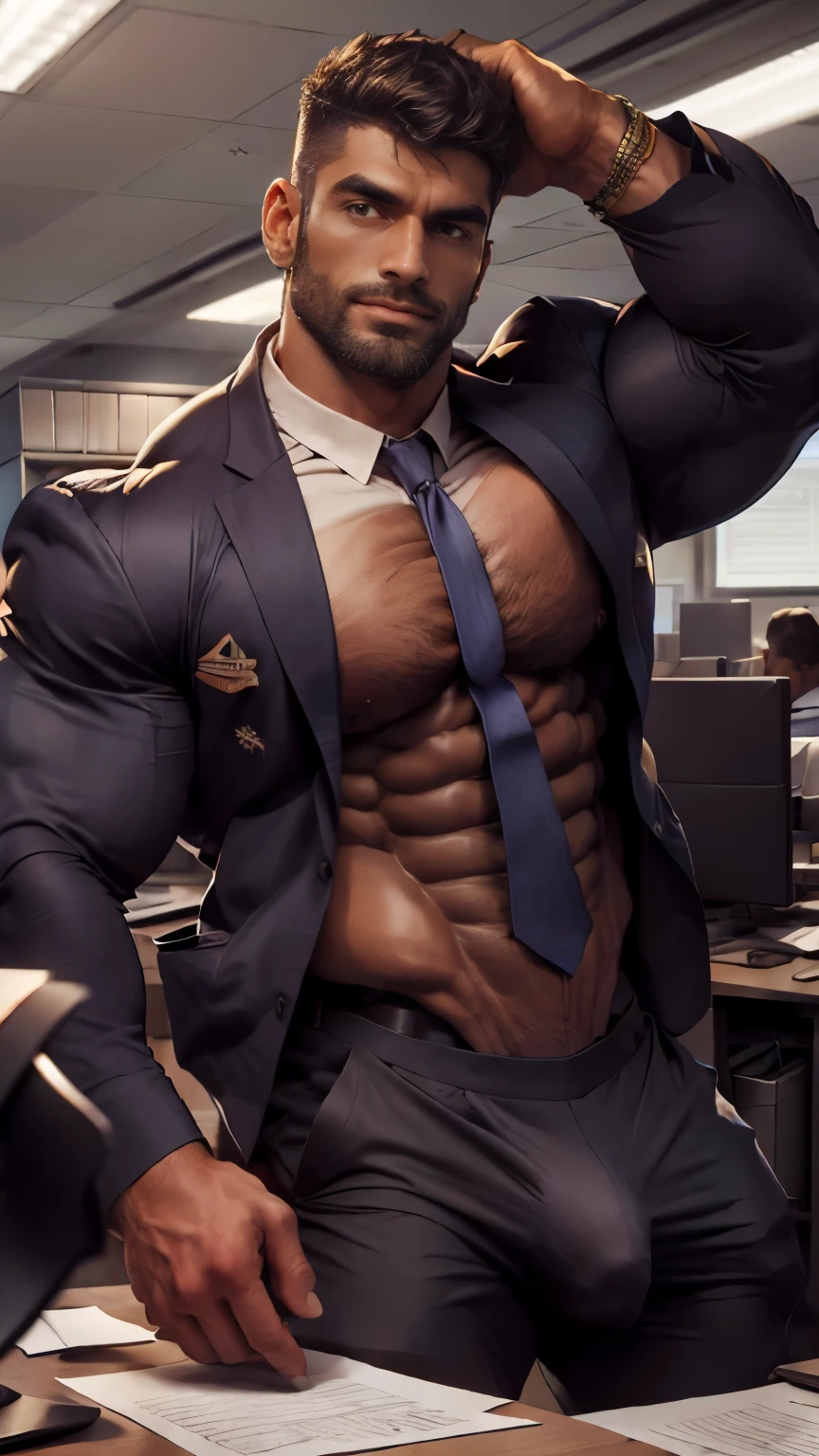 40 years old Office suit bandhoiz beard man doing work in office and showing hairy chest wetty bulge indian perfect bulge in pant, masterpiece, seductive 