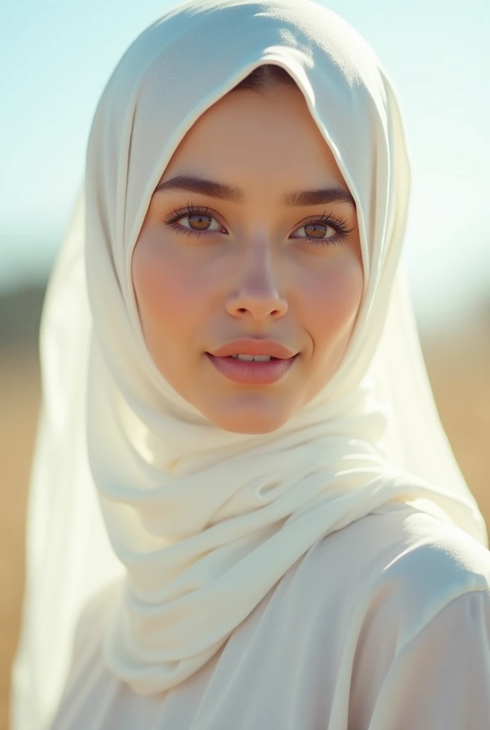 A beautiful girl wearing a white hijab on a sunny day,