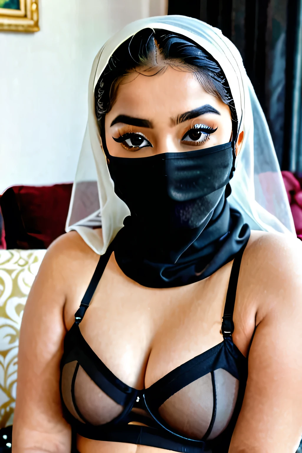 A young beautiful girl in a white transparent hijab, black color bra , wearing black color face mask and simple transparent glasses , a little chubby but not fat, beautiful boobs, beautiful booty, in her room near a sofa, winking one eye. She must be beautiful,face covered in mask ,hair partially covered by dupatta, transparent niqab ,black bra visible. It should not be a closeup picture, 