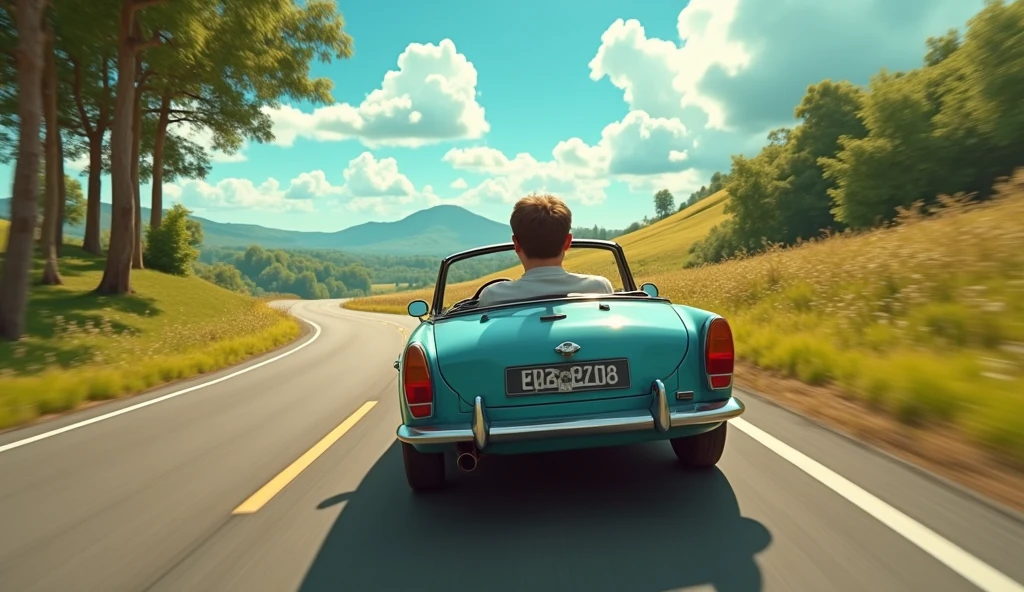 a happy man driving on the road, view from behind, intricate details, highly detailed, octane render, photorealistic, cinematic lighting, dynamic motion blur, rich colors, warm tones, beautiful landscape, winding road, blue sky, fluffy clouds, lush greenery, tall trees, beautiful day