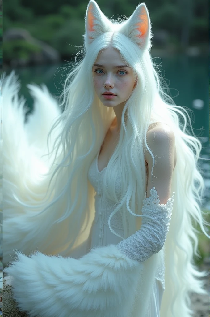 A woman with White fox ears and white 9 tails, have a 10 ft long white hair and Ocean blue eyes.