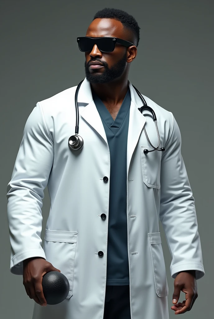 An Ethiopian muscular doctor with solar glass on and wears white coat and have stethoscope on his neck and holds small black ball on his right hand and