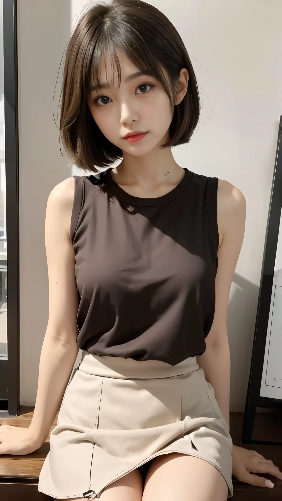 Generates a close-up image of a cute Japanese girl staring at you with a seductive look。She is wearing a sleeveless top and a tight mini skirt.、like々Enhances the stylish look.。Hair is a trendy color(for example, Light brown or blonde)Dyed、It's a loose and playful wave..。In the background、The painting depicts a vibrant urban landscape characterised by soft, blurred and colourful light..、Highlight her features。The makeup is perfect、In line with the latest trends.、To bring out her charm、Special focus on eyes and lips.。have confidence、She has a slightly mysterious look、It's full of charm and fun.。The sleeveless top and mini skirt suited her perfectly..、Showing off her curves and fashionable style、Keep the look modern and attractive。
