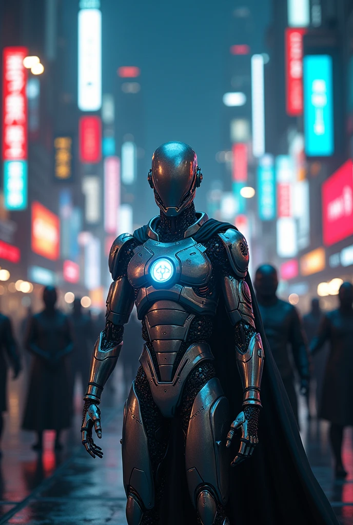 portrait of a super ai hero, surrounded by ai villains , in the night light city, 80mm, f/1.8, dof, bokeh, depth of field