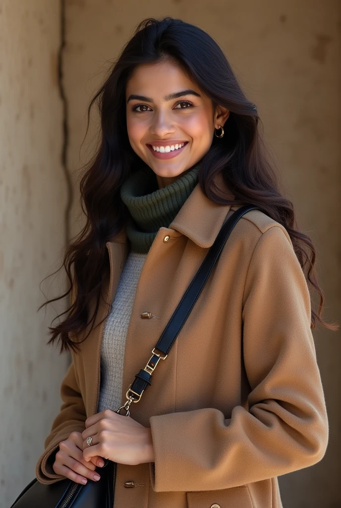 There is a young, Beautiful indian woman, who looks to the future like Katrina Kaif, Smiles into the camera, beautiful teeth, She looks into the camera, a portrait from raw photo, feet, hands, body, winter, coat, handbag,
