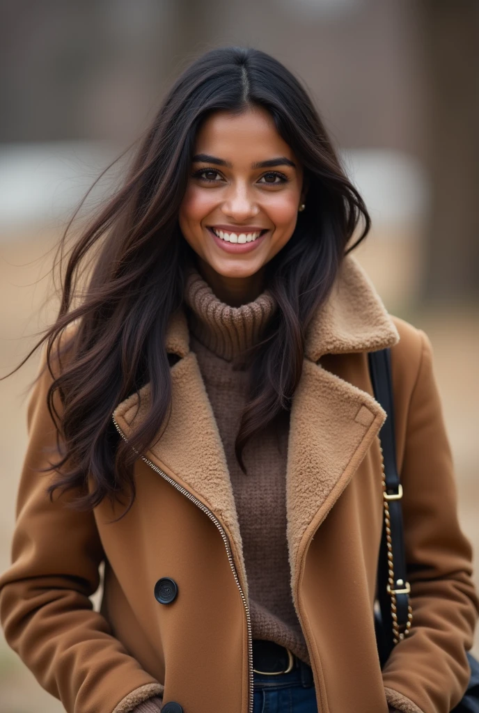 There is a young, Beautiful indian woman, who looks to the future like Katrina Kaif, Smiles into the camera, beautiful teeth, She looks into the camera, a portrait from raw photo, feet, hands, body, winter, coat, handbag,
