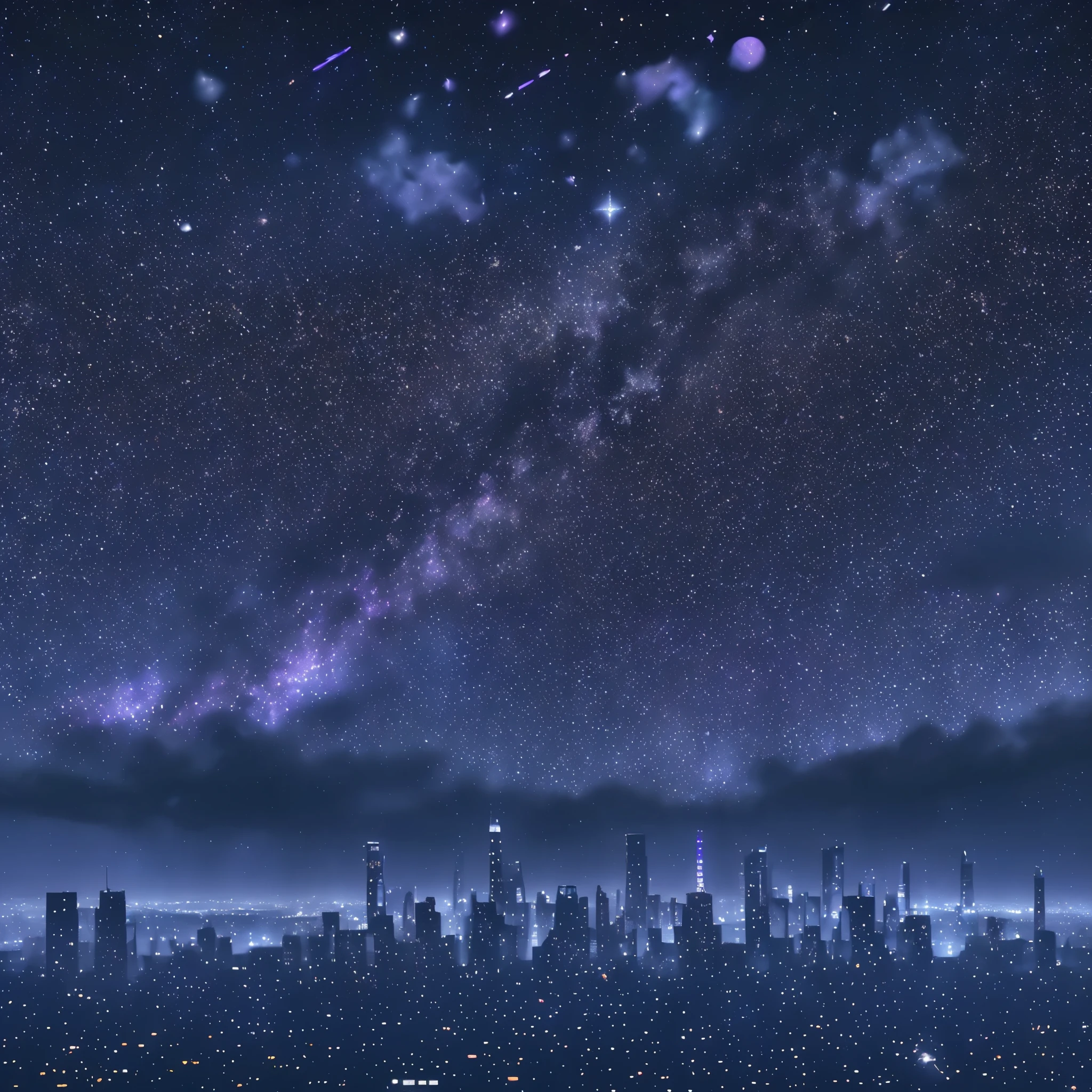 a starry night sky with the constellations of the zodiac, shades of purple and blue nebulae, vast outer space, cyberpunk city skyline at the bottom, highly detailed, cinematic lighting, dramatic contrast, ultra-detailed, 8k, photorealistic, science fiction, digital art