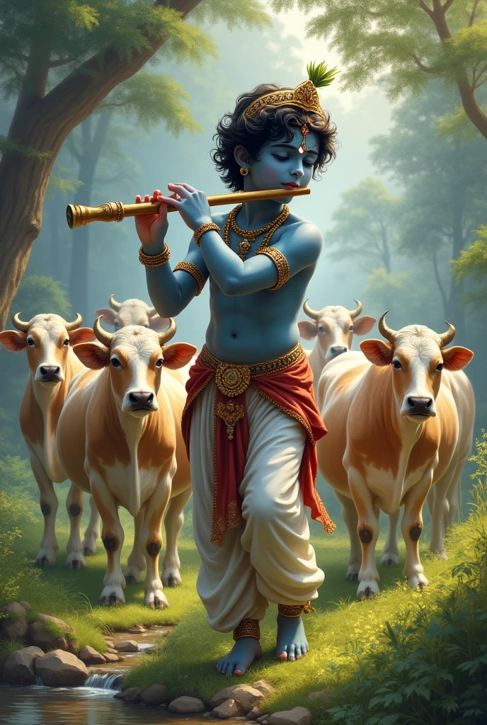 Lord little Krishna playing a beautiful flute with six(6) of number cow  