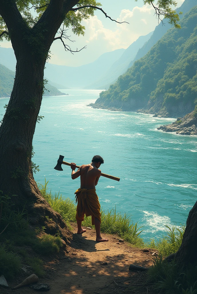 A biggest and largest danzer ganga river and side view a man cutting tree by axe