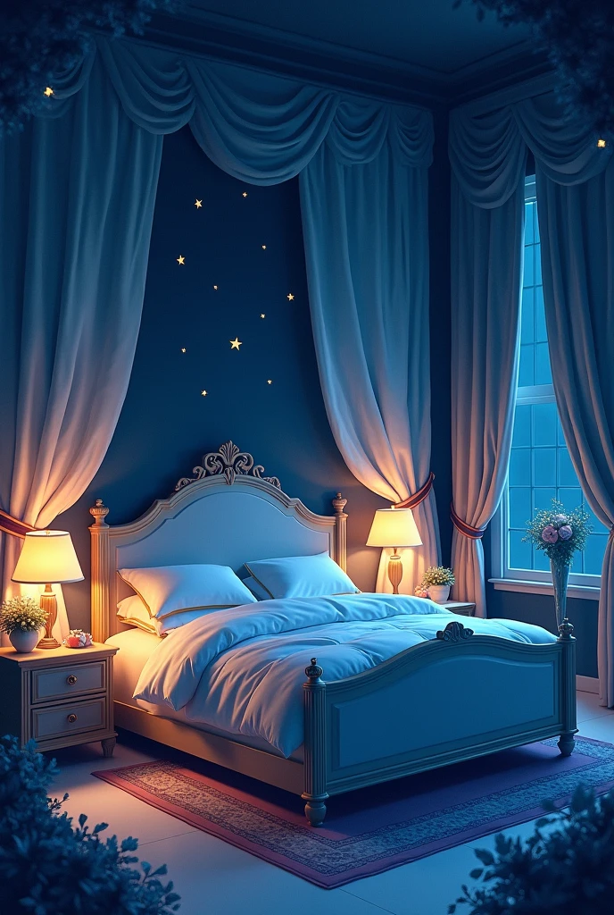 A captivating scene.A magical night, composition from the front, a king-sized bed taking up half of the screen, and indirect lighting next to the bed.(Imagine a picture book with a gentle touch illustrated in the style of Mary Blair and Quentin Blake)
