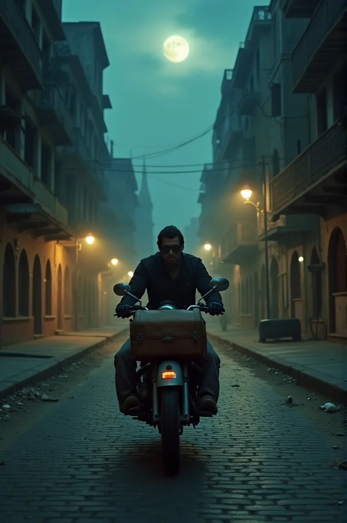 Make A photo of a pizza delivery rider riding a vintage with professional pizza bag motorcycle down a long, old street in the city of Lahore at night. The street is deserted and has an eerie atmosphere. The night is cold, with the dim moonlight casting soft shadows across the empty street. The moon is visible in the sky, partially obscured by thin clouds, and the buildings lining the street are illuminated faintly by a few scattered streetlights. The street itself is narrow, with cobblestones and aged architecture that adds to the historical charm. The overall mood is quiet and mysterious, with a sense of stillness in the cold night air.