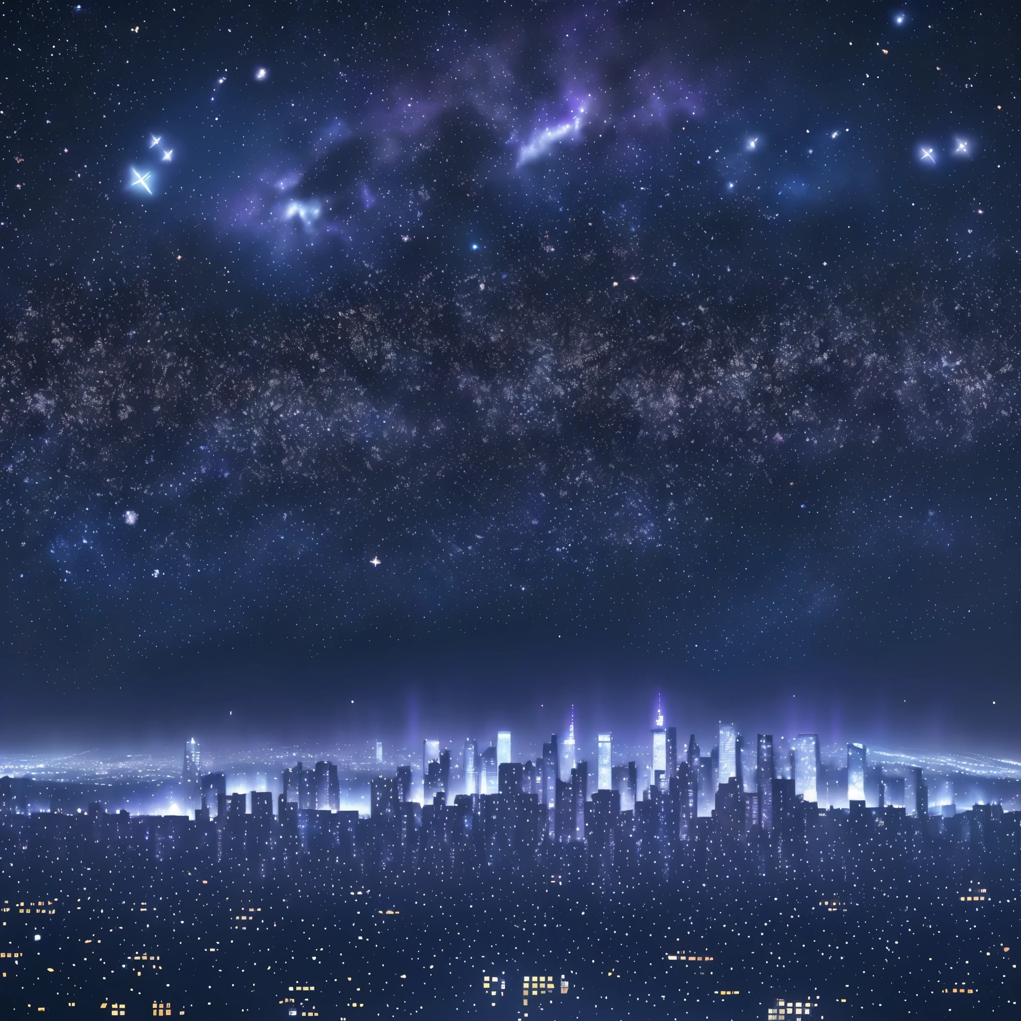 a starry night sky with the constellations of the zodiac, shades of purple and blue nebulae, vast outer space, cyberpunk city skyline at the bottom, highly detailed, cinematic lighting, dramatic contrast, ultra-detailed, 8k, photorealistic, science fiction, digital art