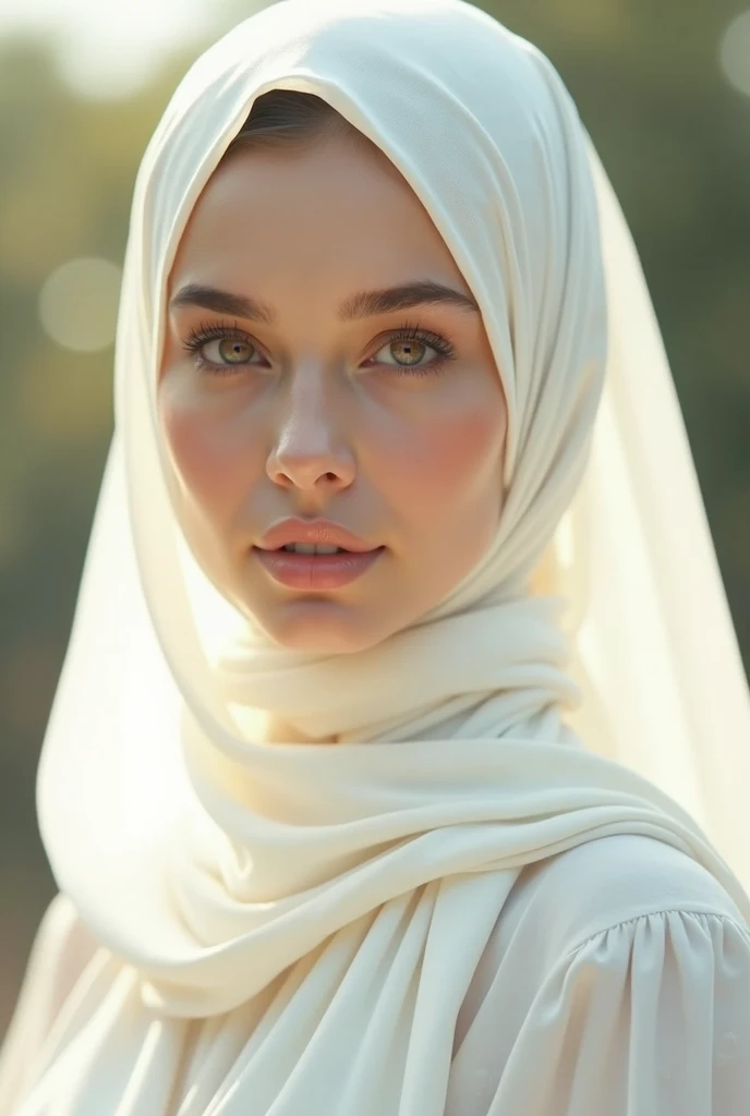 A beautiful girl wearing a white hijab on a sunny day,