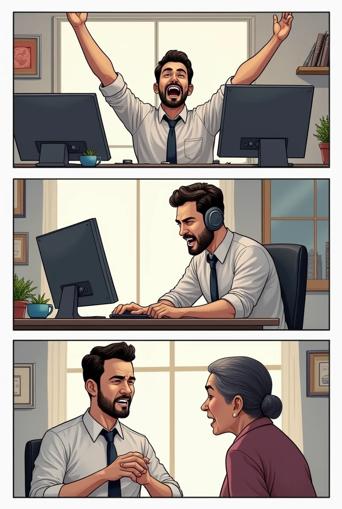 create a comics strip panel 1: a man is celebrating in front of his computer and he was very happy panel 2: the man is in formal attire and wearing headphone is working in front of computer. panel 3: the man is talking to his mother. and his mother is angry