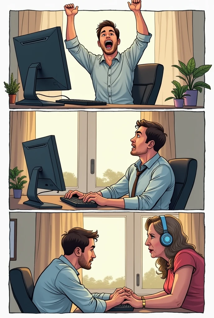 create a comics strip panel 1: a man is celebrating in front of his computer and he was very happy panel 2: the man is in formal attire and wearing headphone is working in front of computer. panel 3: the man is talking to his mother. and his mother is angry