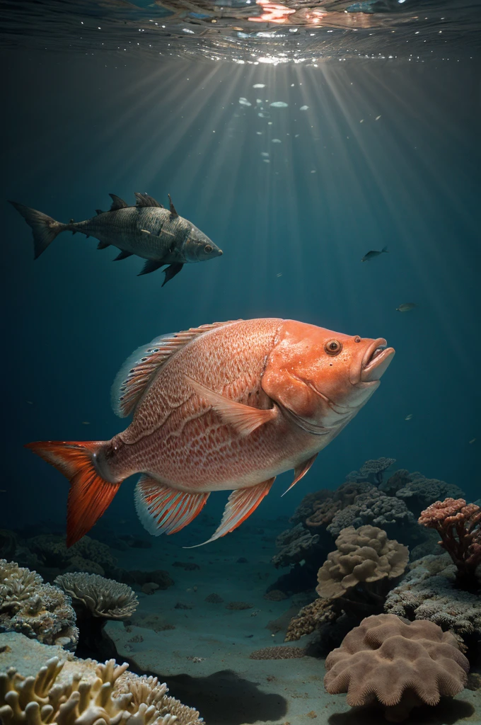 Ultra-realistic photo of a big moonfish swimming in the deep ocean, the massive body gliding through clear blue water, 1 fish in, with intricate details on its rough skin, creating a dynamic play of light and shadow on the fish's surface, cinematic quality, 4k resolution, ethereal underwater environment, professional wildlife photography, captured at midday with vibrant colors, slightly blurred background with hints of coral or deep-sea elements, soft bokeh, highly detailed, award-winning photography, focus on the texture of the fish's skin and the grace of its movement.