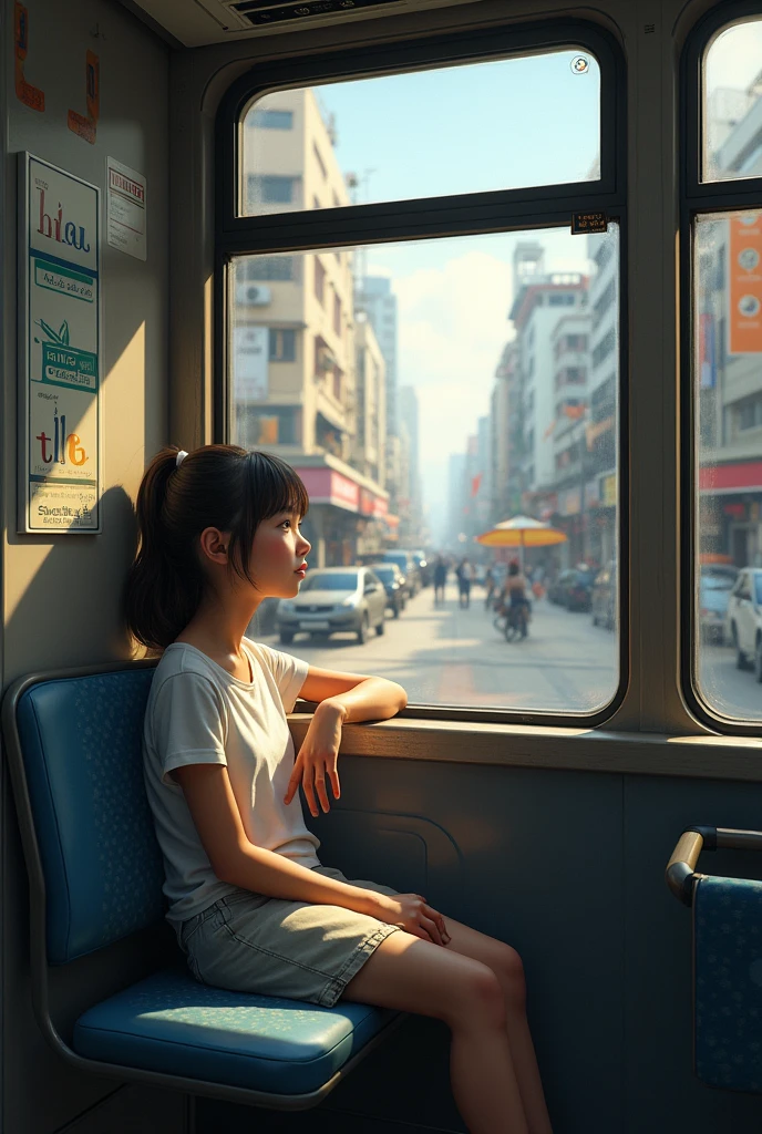 A girl sitting in a local bus, she is sitting a window sit, looking outside from the bus. 