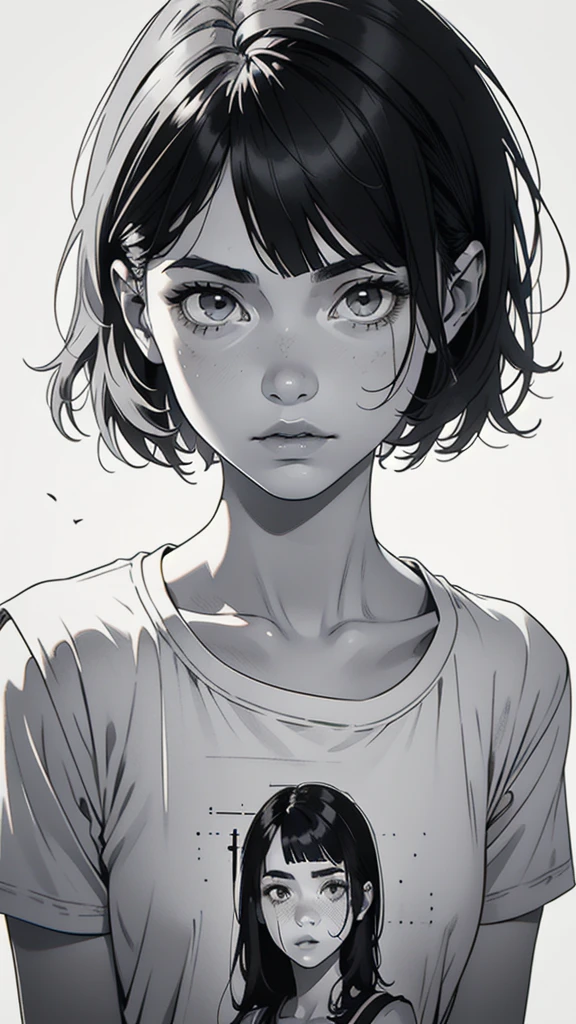 1 boyish girl, solo, sharp eyes, monochrome, greyscale, shoulder length black bangs hair, portrait, (blank white T-shirt), Thin eyebrows, closed mouth, looking at viewer, detailed lips, hatching \(texture\), without makeup, upper body, (best illustration), (best quality), (very detailed), (masterpiece), expressionless,