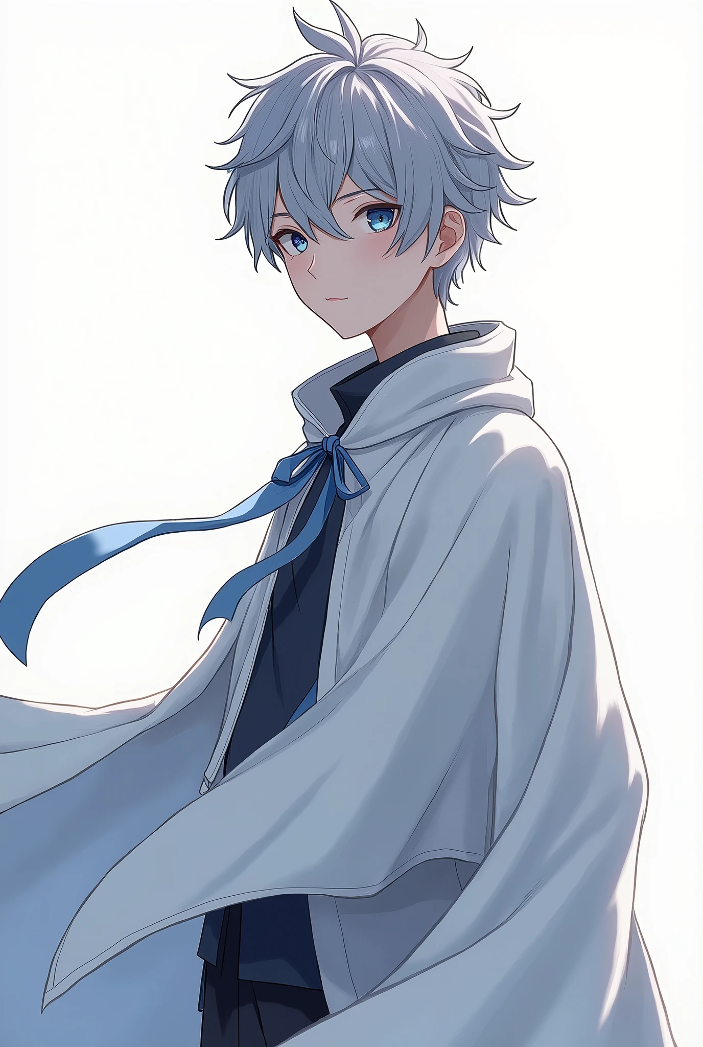 A boy with gray hair and blue eyes,Wearing a white cape,Anime style,Detailed facial features,Full body shot,No background,(Best quality,4K,8k,high resolution,masterpiece:1.2),Ultra Detail,(Realism,照片Realism,照片Realism:1.37),超Realism,Vibrant colors,Dramatic Lighting,Intricate details,grace,Fantasy,number