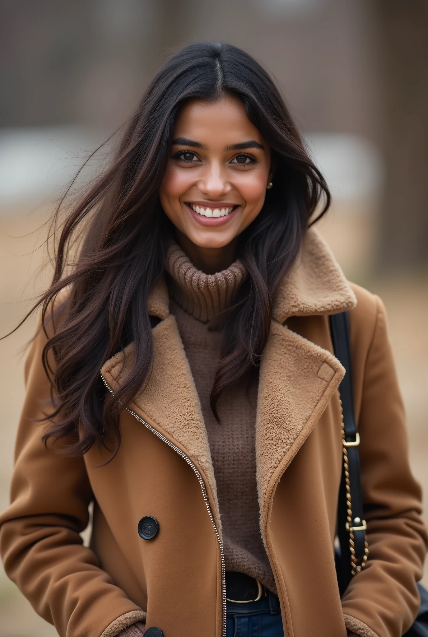 There is a young, Beautiful indian woman, who looks to the future like Katrina Kaif, Smiles into the camera, beautiful teeth, She looks into the camera, a portrait from raw photo, feet, hands, body, winter, coat, handbag,