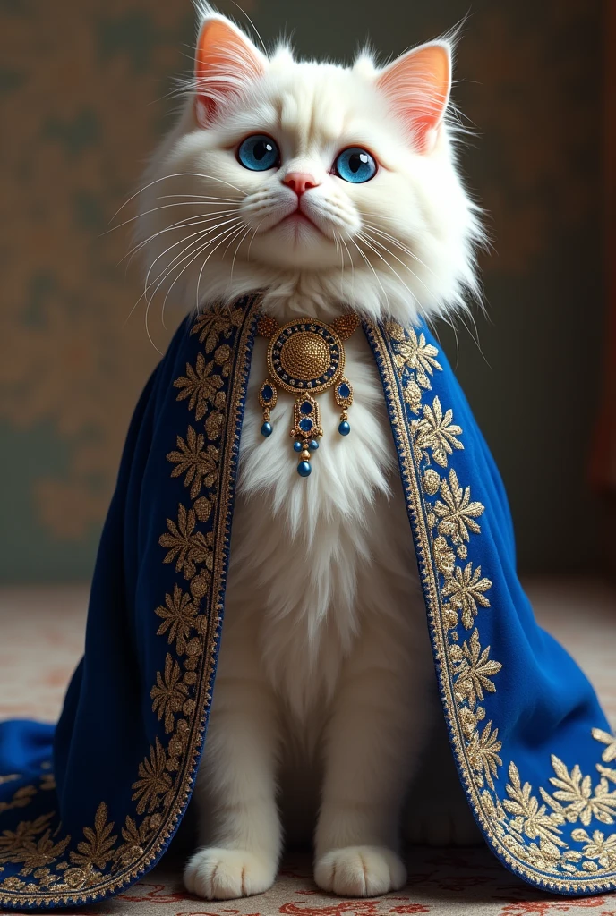 A white Persian Himalayan cat wearing a traditional Pakistani bridal lehenga royal blue and gold, with intricate embroidery, a dupatta, and statement jewelry. The cat walks gracefully on two legs, exuding timeless beauty and cultural richness.