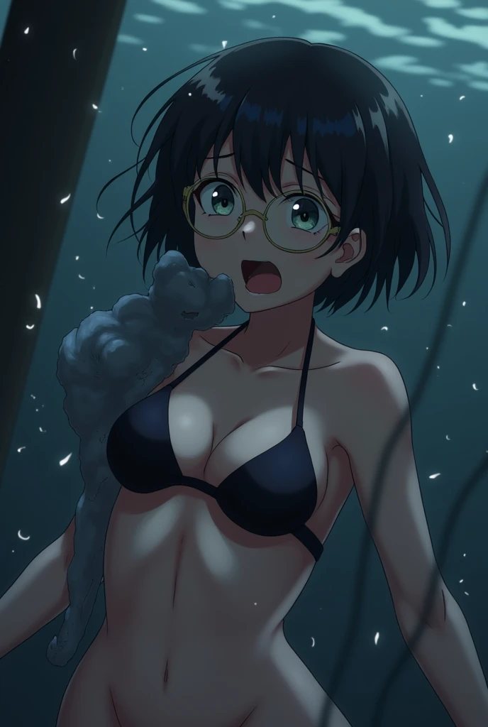 anime girl black blob short hair wearing gold glasses and bikini and spirit get inside her mouth and body and the girl is struggling